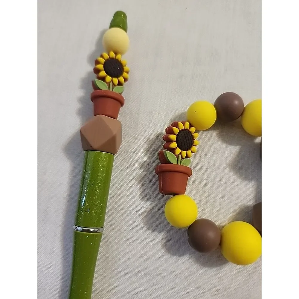 Bead Pen & Cup Charm Matching Combo Fall Sunflower Green Brown Yellow Silicone